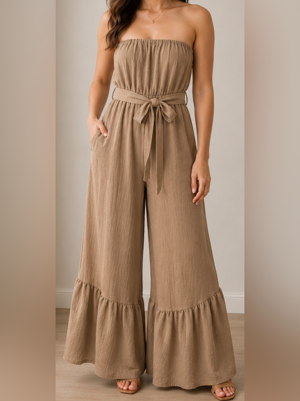 Strapless Wide-Leg Jumpsuit with Tie Belt - Brown